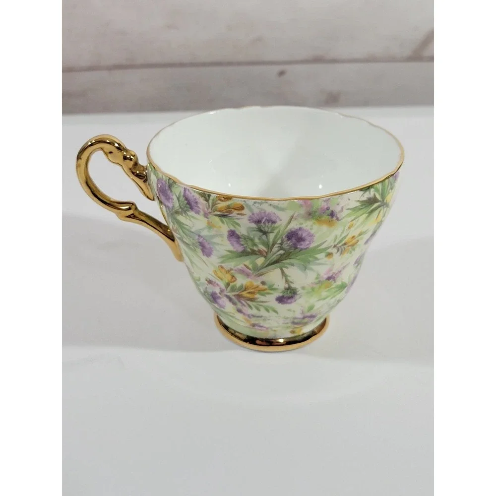 Regency Bone China Teacup & Saucer Set Thistle Chintz Scalloped Edges Gold Trim
